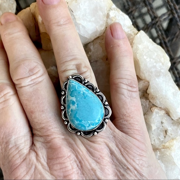 Large sky blue teardrop stone boho fashion ring size 7.5 - Picture 2 of 6